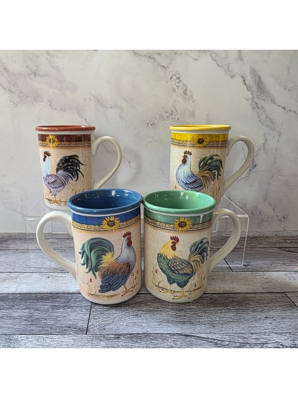 Gibson Everyday Mornings Call 14oz Rooster Mugs Set Of 4 Colorful Rustic New